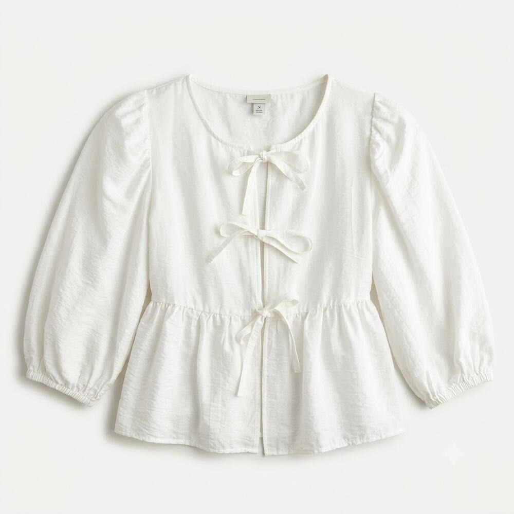 A New Day Puff 3/4 Sleeve Tie-Front Blouse White Casual Womens XS
